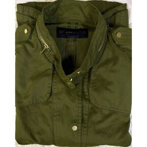 Zara Basic Ladies XL Green Military Jacket Snap Front Pockets Faux Hood Zip